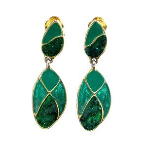 Vintage Clip-On Earrings With Green Enamel & Gold-Tone Leaf Design